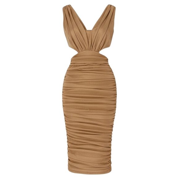 Akira Brown Ruched Mesh Midi Dress Sleeveless Bodycon Formal Holiday Party S - Picture 1 of 14